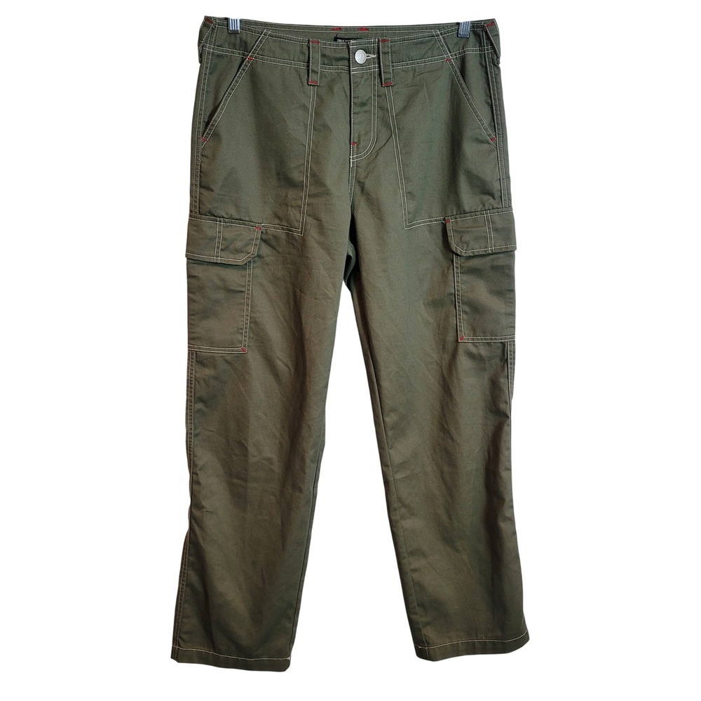 True Religion Olive Green Cargo Pants Contrast Stitch Womens Size 31 Utility Y2K